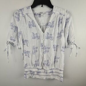 C by one Women White Blue Floral Smocked Waist Button Front Boho Blouse Small